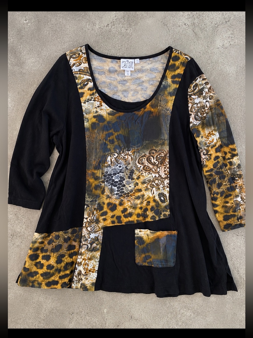 Parsley & Sage 3X Leopard Paisley Patchwork Tunic Top Stretch Boho Artsy Office